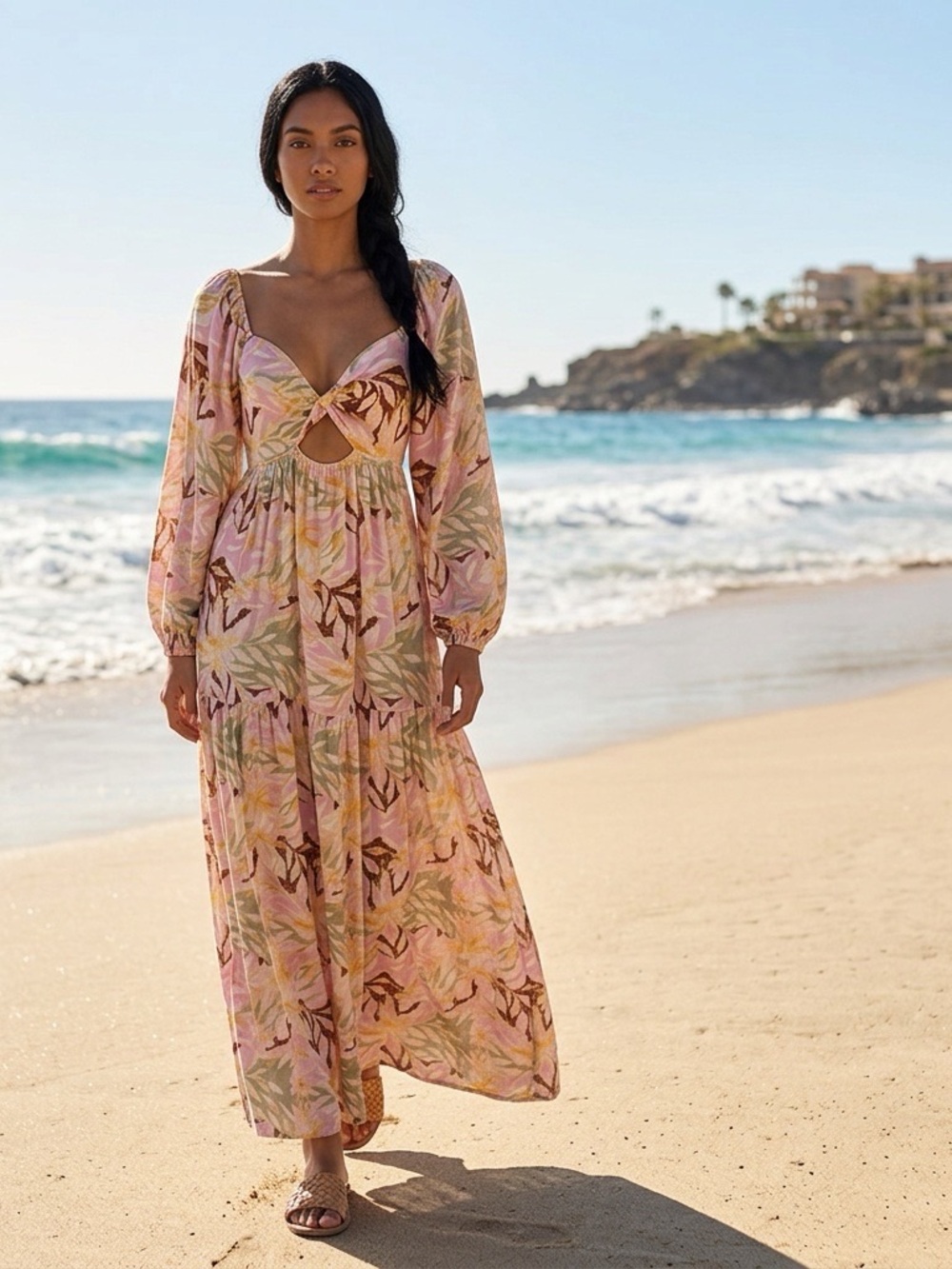 Roxy XS Tropical Floral Twist Front Cutout Maxi Dress Boho